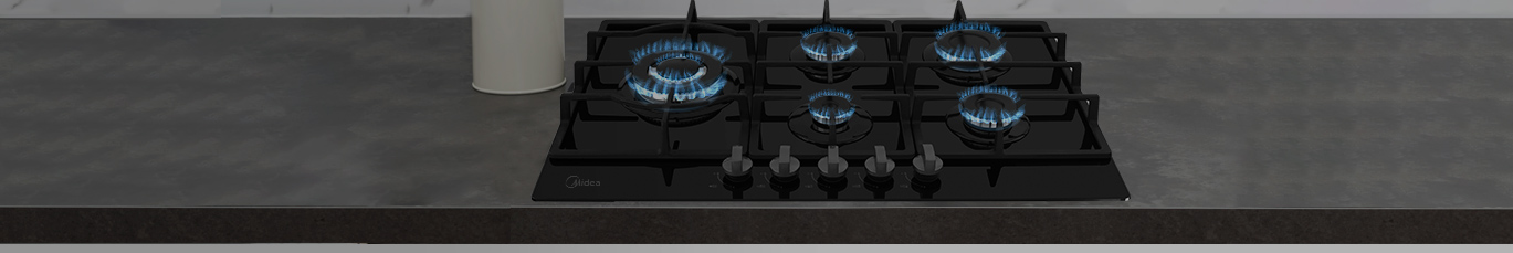 Imagen ilustrando parrilla encendida de midea con 5 hornillas
