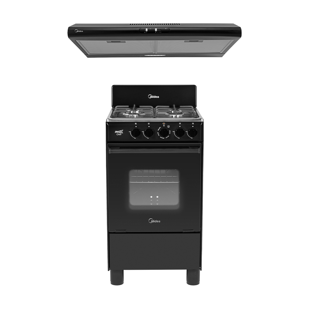 Estufa de piso con copete 20" InoxChef Negra + Campana de Pared 24” Slim Negro Mate