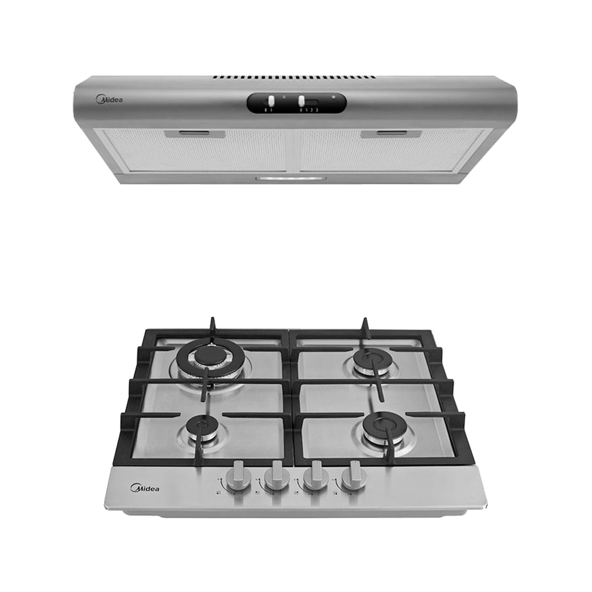 Parrilla Empotrable a Gas 24” Cristal Templado Triple Flama + Campana de Pared 24” Slim  Acero Inoxidable