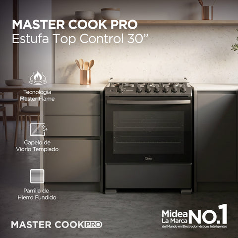 Estufa de piso Midea con capelo 30¨ MASTER COOK Pro Dark Inox