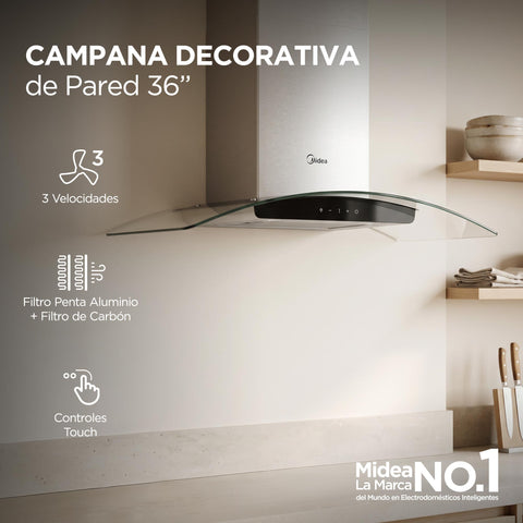 Campana Decorativa de Pared 36 Midea Vidrio Templado Curvo